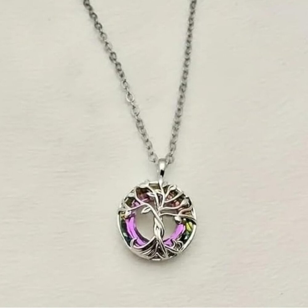 Elegant Rainbow Crystal Tree of Life Necklace